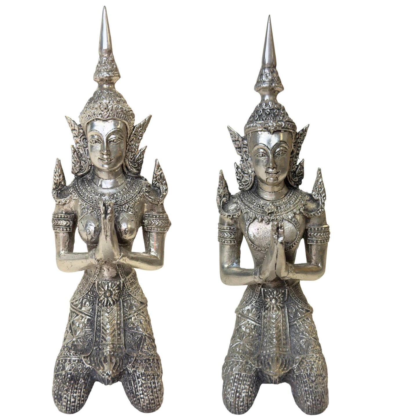 Pair of silver-plated Thai Thepanom angels in Anjali Mudra pose.