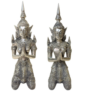 Couple d'anges thaïlandais Thepanom plaqués argent – ​​Gardiens du temple – 18 cm et 17 cm