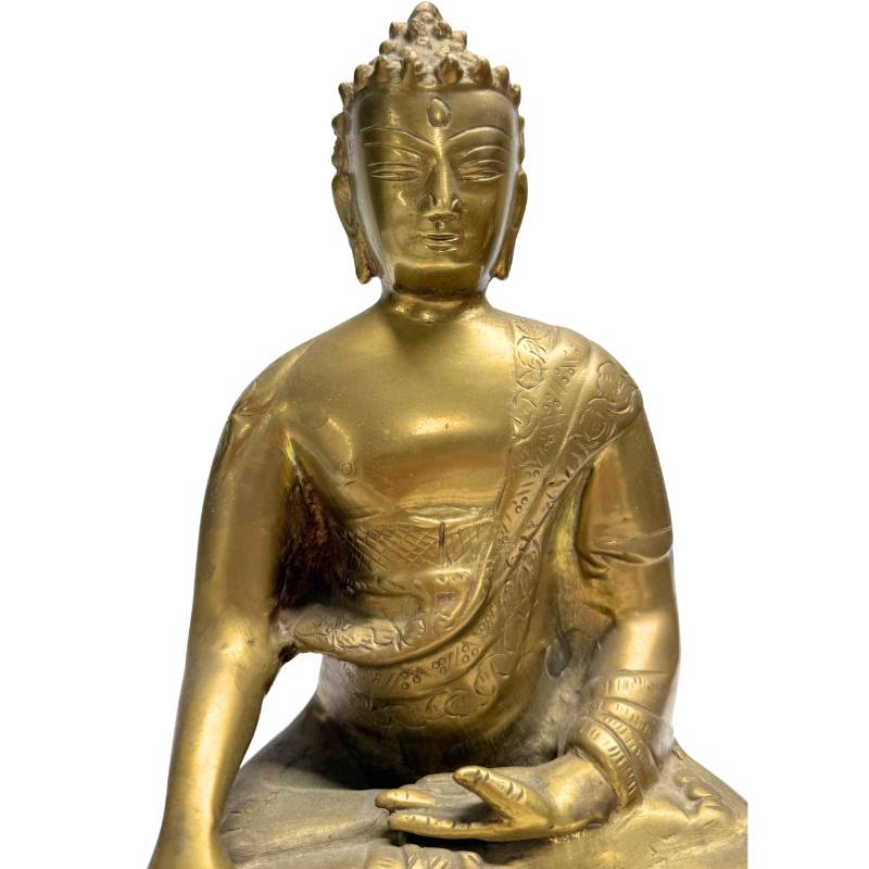 Vintage Buddhist art of a seated Shakyamuni Buddha in bronze-brass.