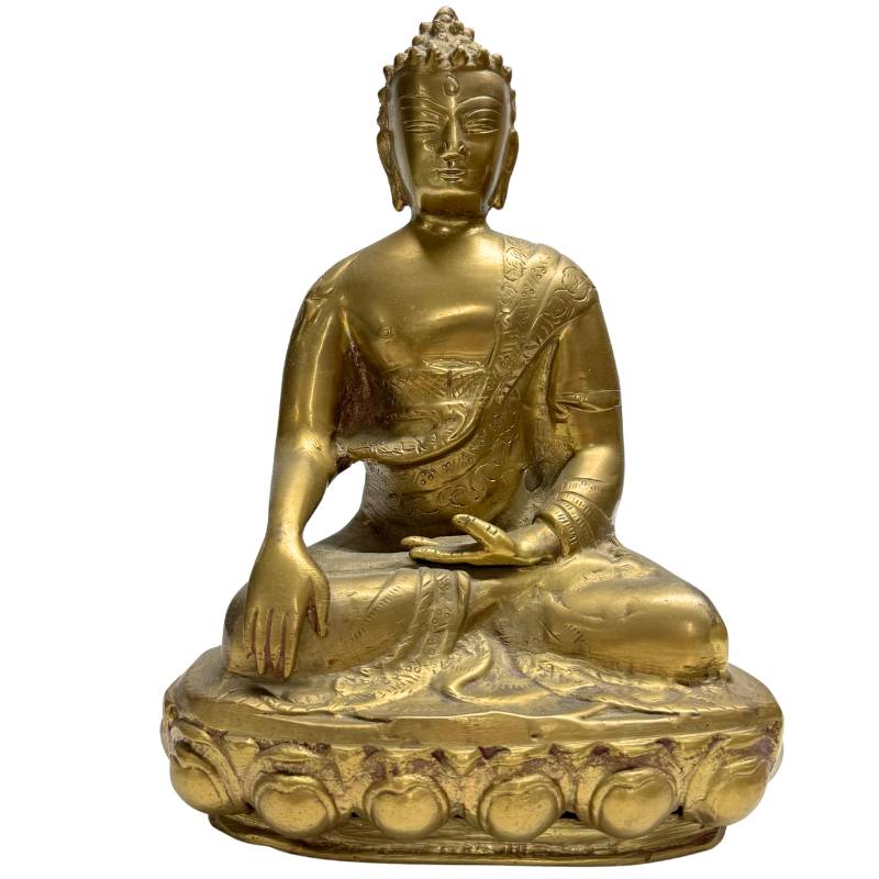 Full front view of a vintage bronze Shakyamuni Buddha statue seated on a lotus throne, height 24.5 cm