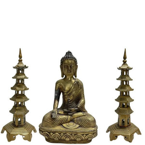 Chinese Bronze Altar Set with Medicine Buddha and Twin Pagoda Towers - 3-Piece