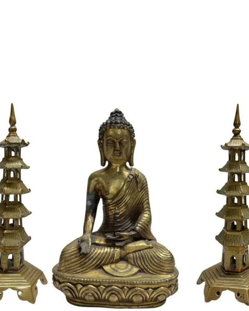 Ensemble d'autel en bronze chinois avec Bouddha de la médecine et pagodes jumelles - 3 pièces