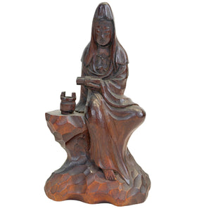 Vintage Hand-Carved Japanese Wooden Kannon (Guanyin) – Monolithic Hinoki Wood in Enku Style (14.2 cm)