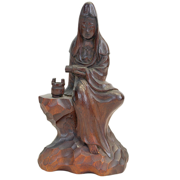 Vintage Hand-Carved Japanese Wooden Kannon (Guanyin) – Monolithic Hinoki Wood in Enku Style (14.2 cm)