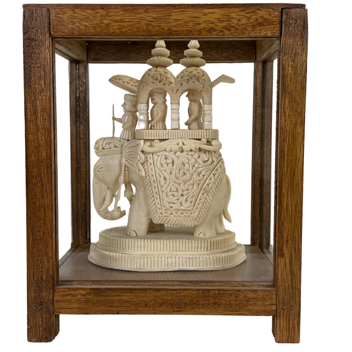 Vintage Indian display case with Sholapith elephant statue