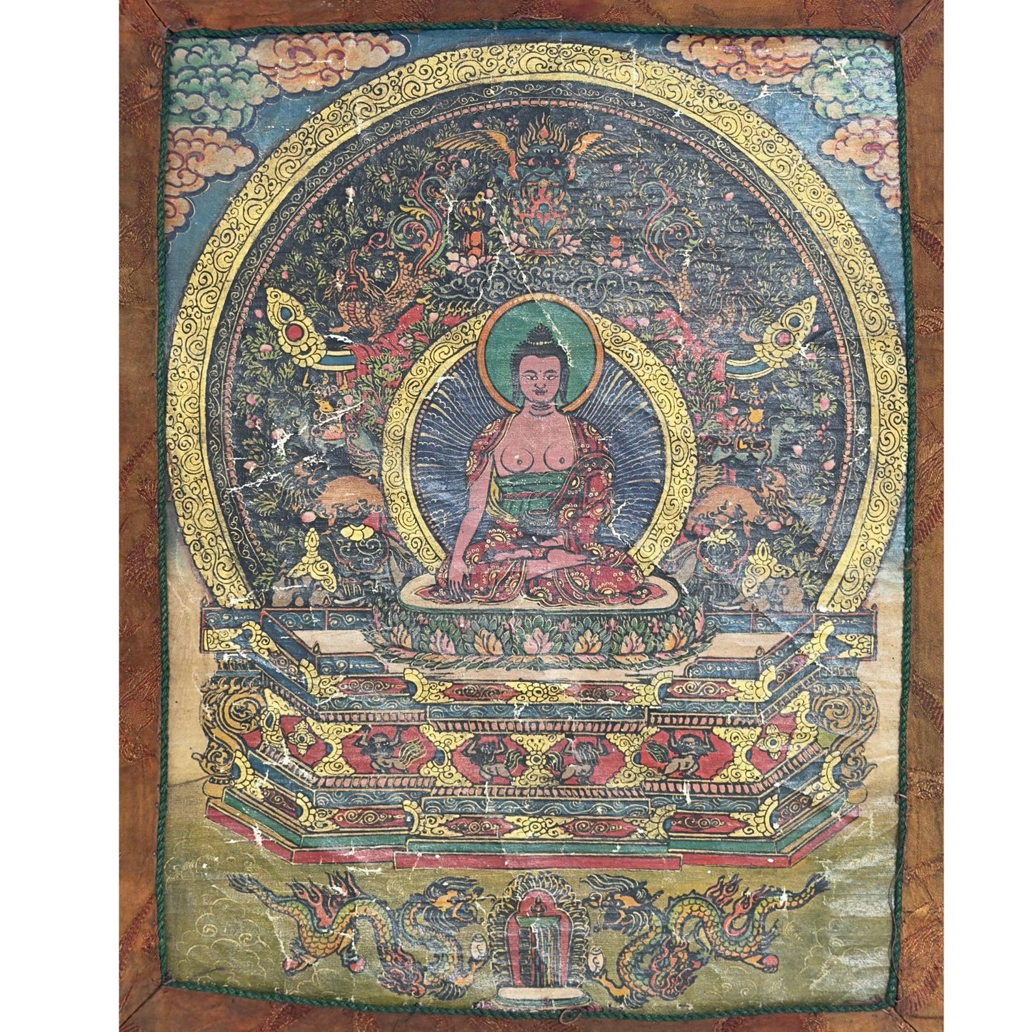 Vintage Shakyamuni Buddha thangka (76x54 cm) presented as impressive wall decoration in a modern hallway
