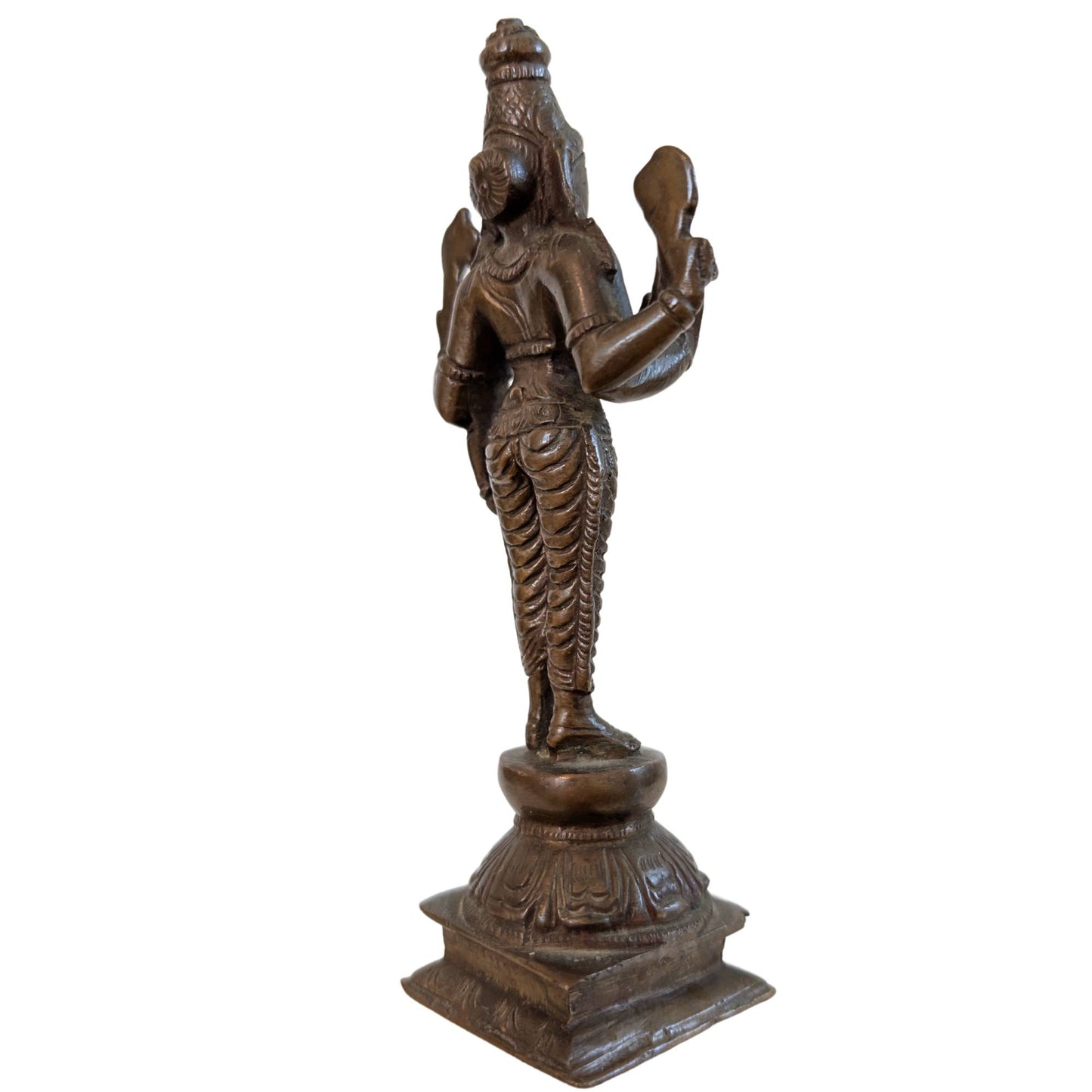 Detail of the Abhaya Mudra hand gesture on an antique bronze statue.