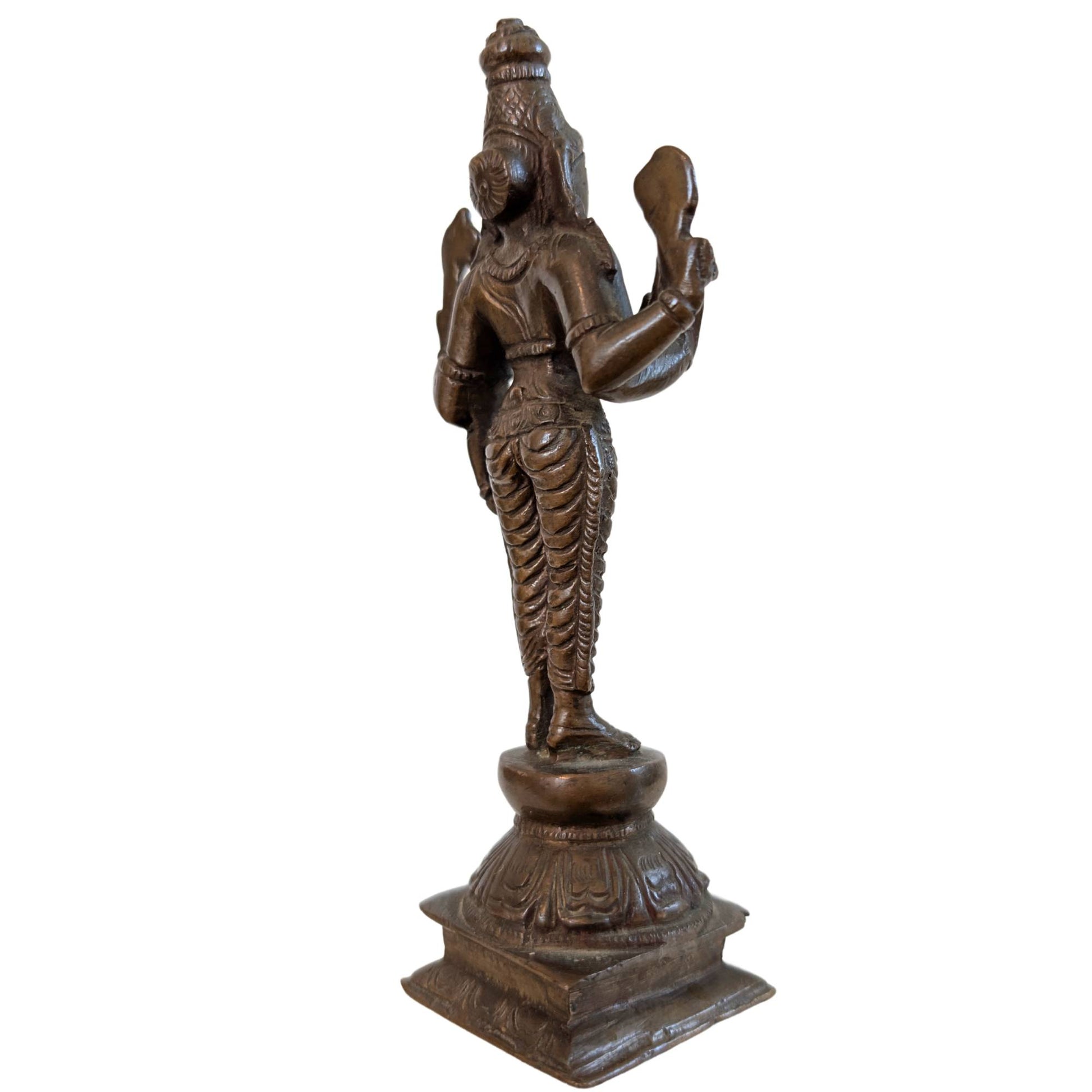 Detail of the Abhaya Mudra hand gesture on an antique bronze statue.