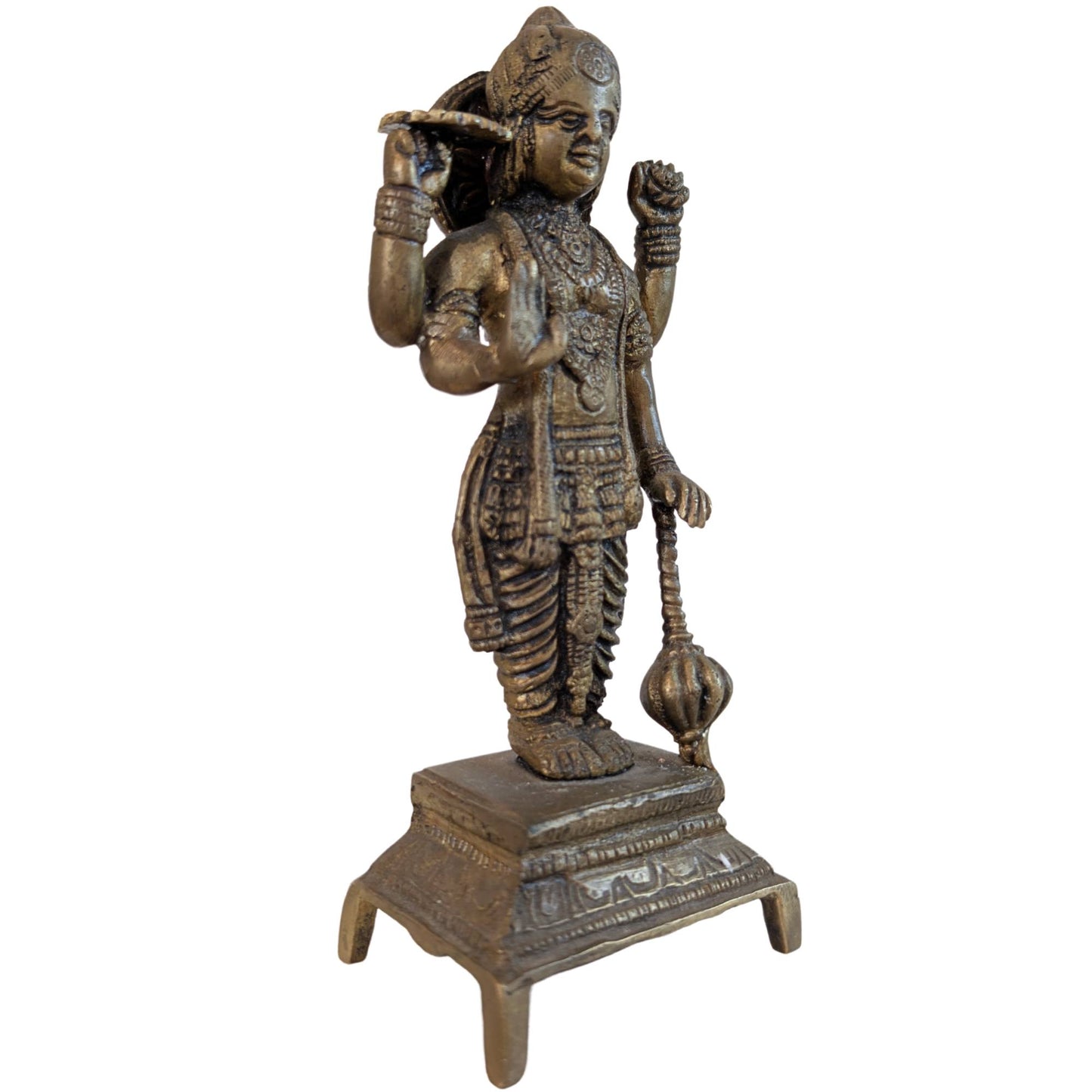 Solid bronze Vishnu statue from South India, angled front view, 19th century