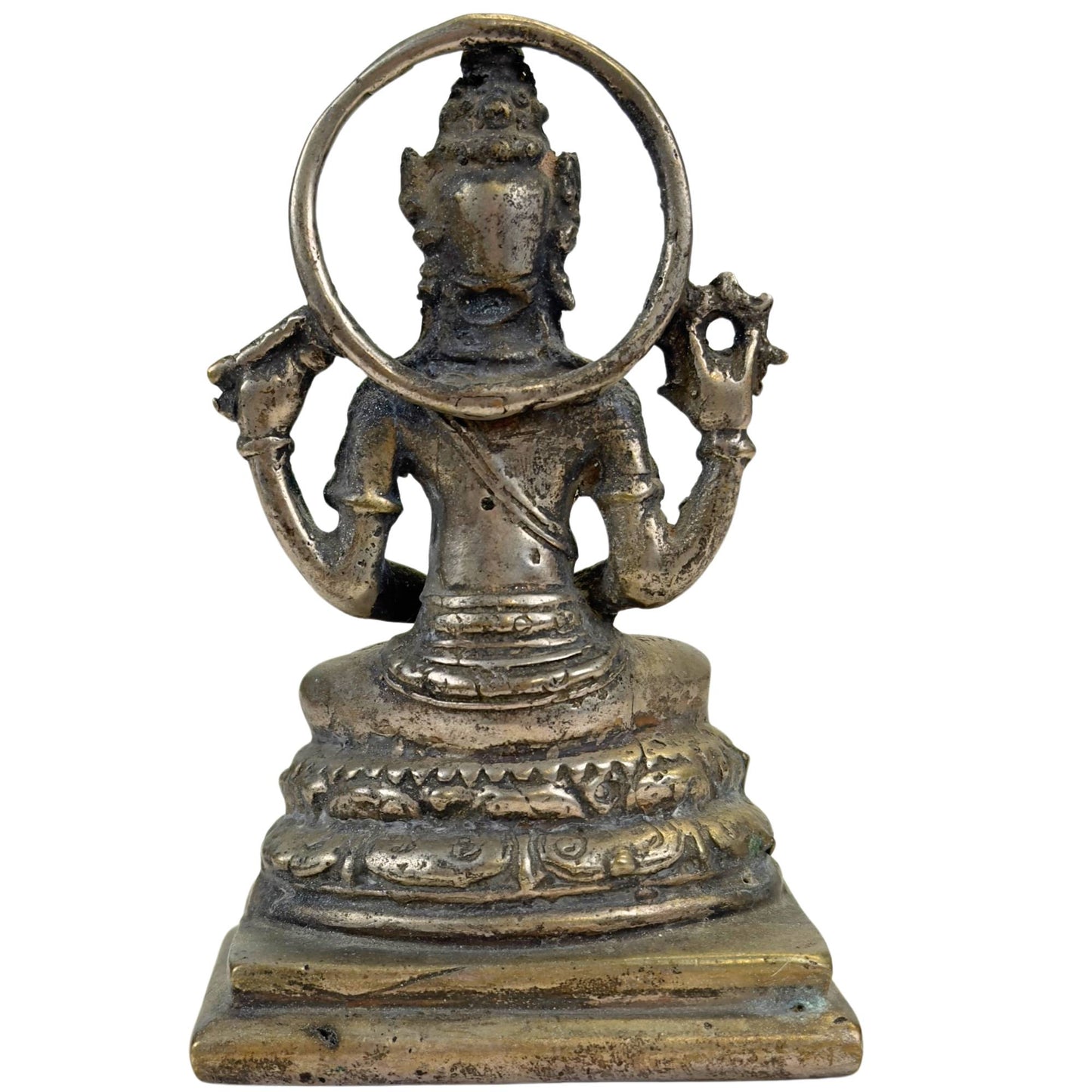 Bronze Vishnu with Sudarshana chakra and shankha shell, classic Hindu iconography from Indonesia