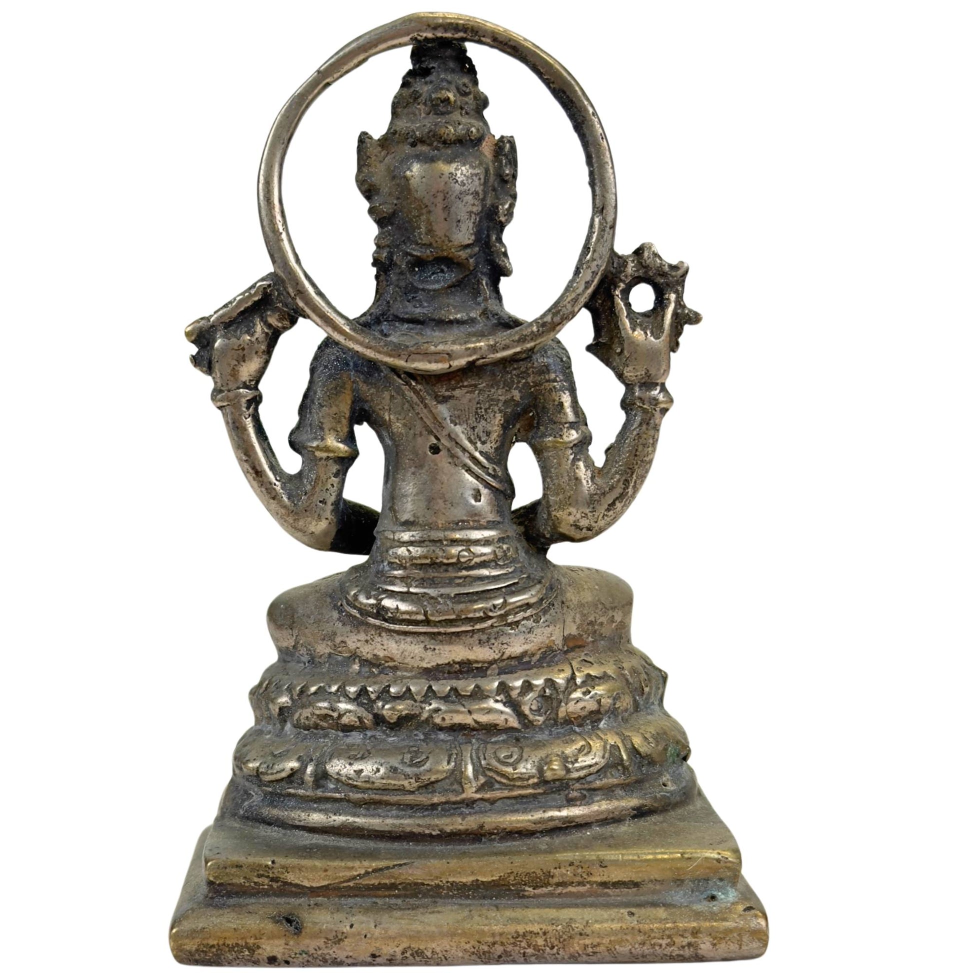 Bronze Vishnu with Sudarshana chakra and shankha shell, classic Hindu iconography from Indonesia