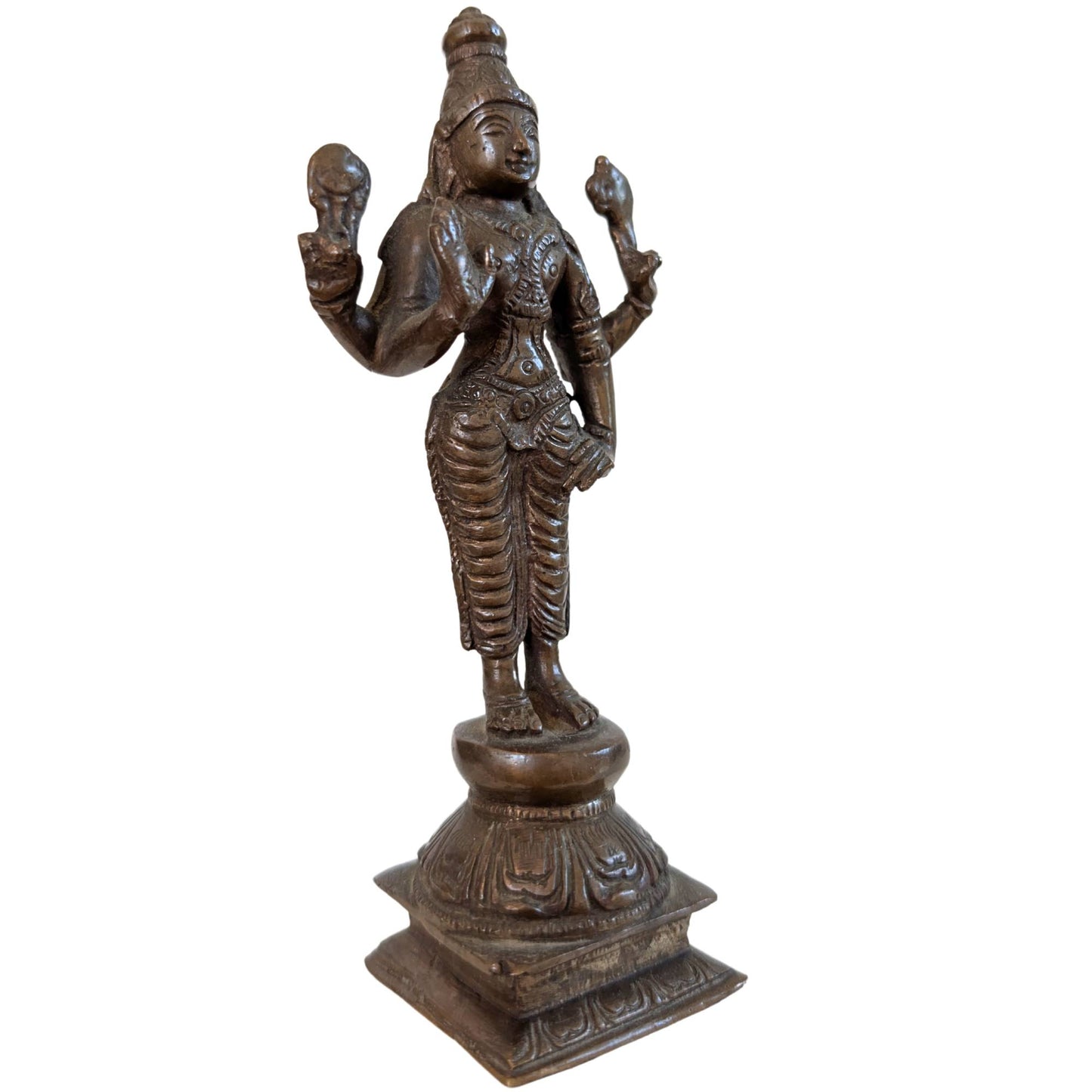 Solid bronze Vishnu statue with Shanka and Chakra attributes.