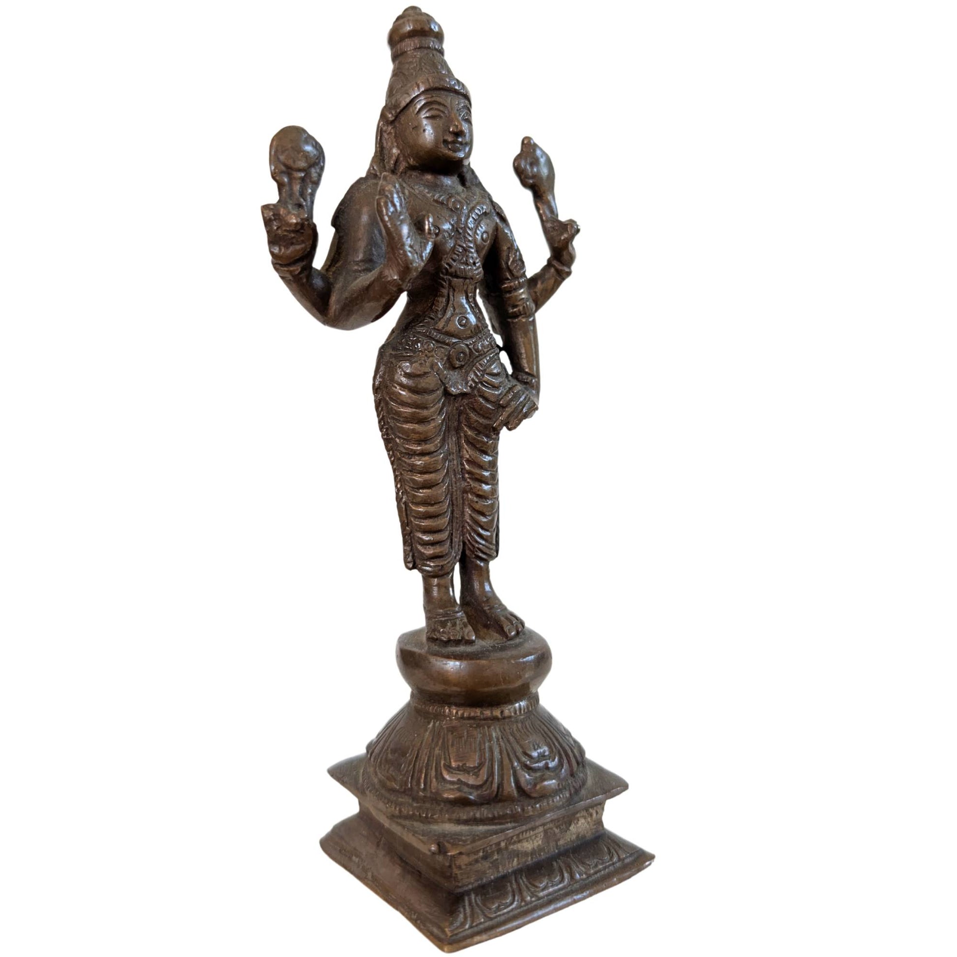 Solid bronze Vishnu statue with Shanka and Chakra attributes.