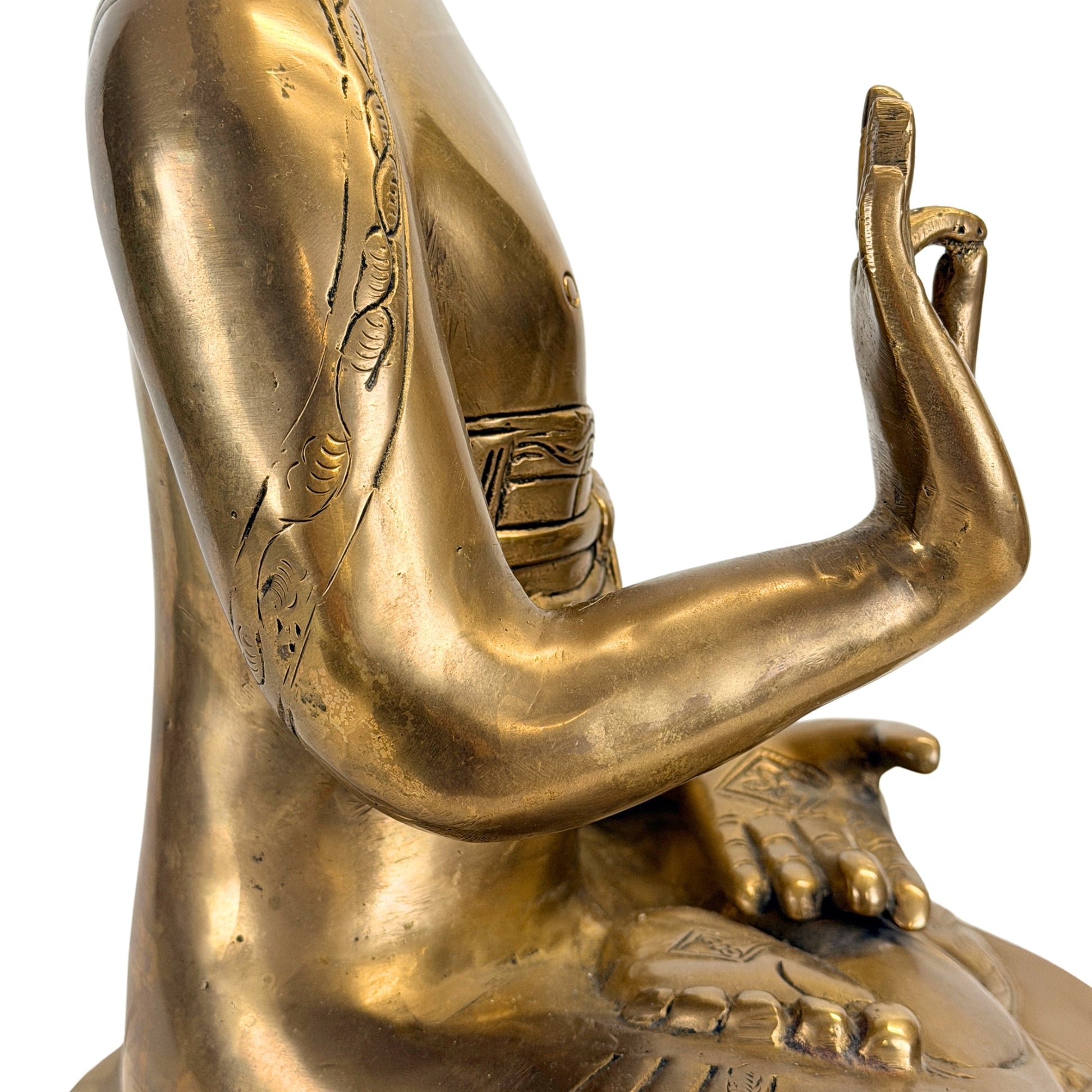 Zijaanzicht van de hand, arm en Vitarka Mudra van de Boeddha