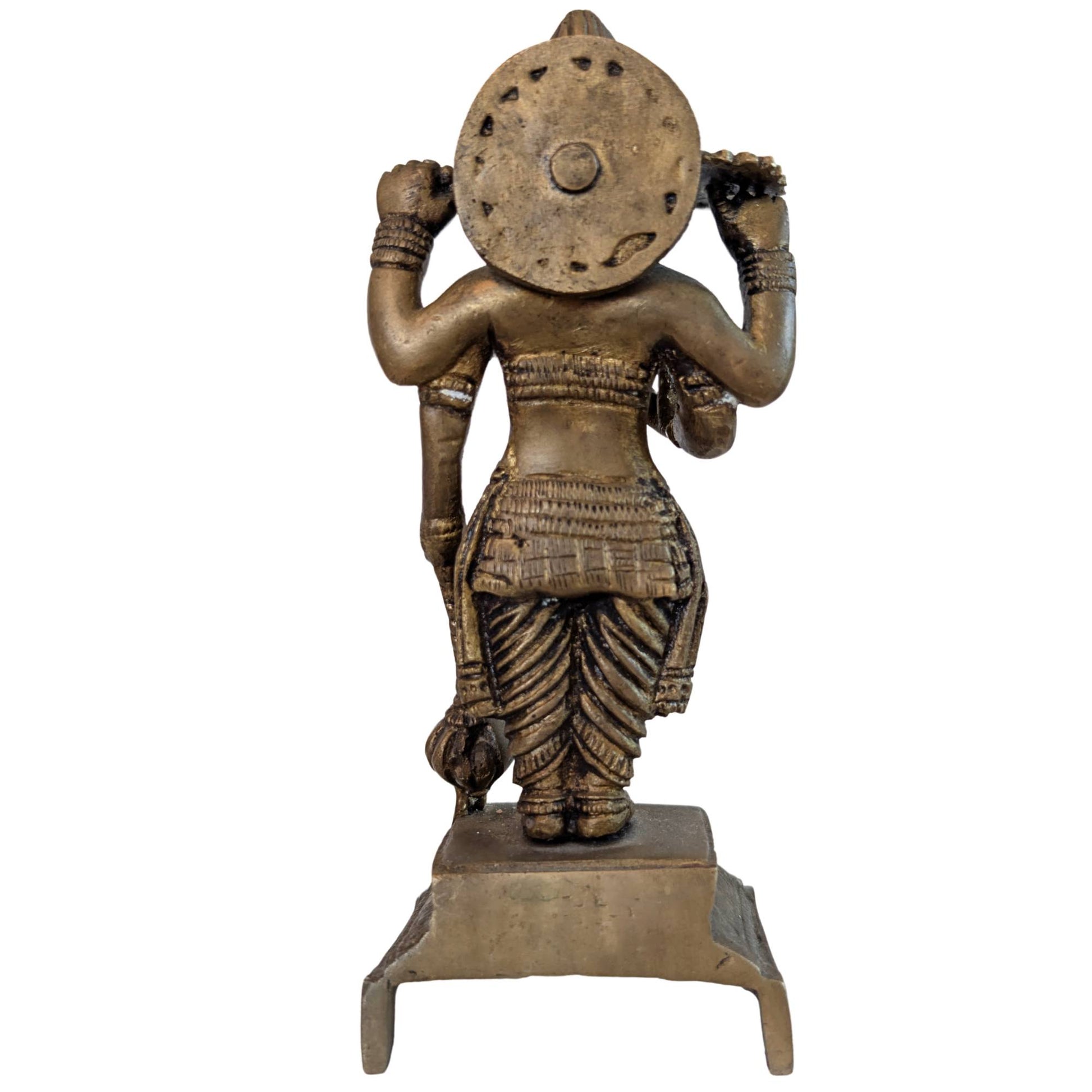 Full rear view of solid cast South Indian Vishnu statue on a lotus base