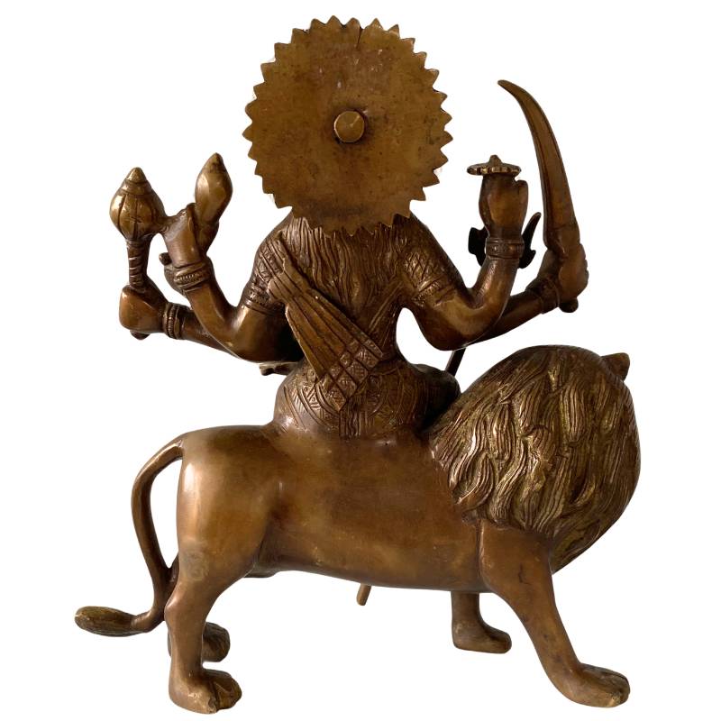 Front view of bronze Durga statue with trishula – Hindu goddess