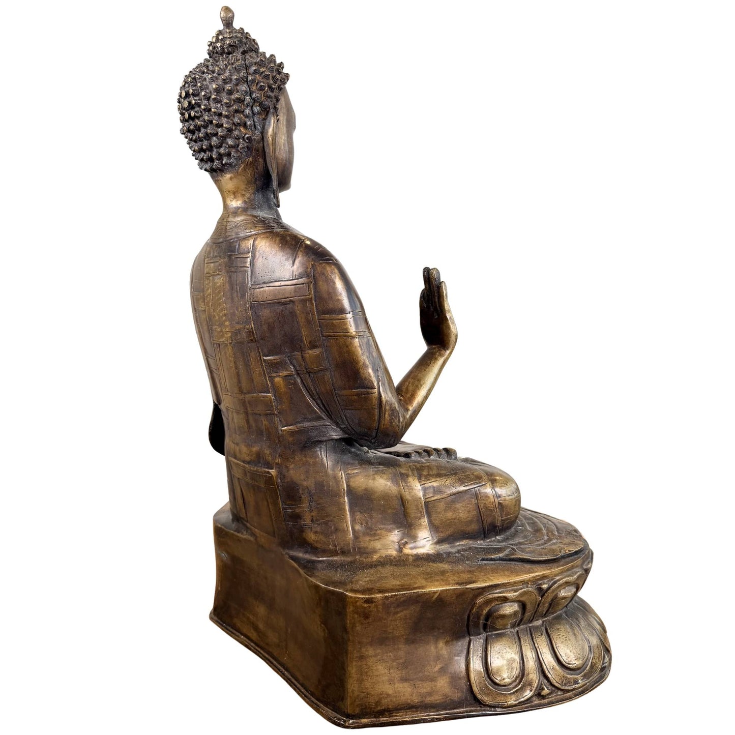 Back of fire-gilded bronze Buddha statue with detailed robe and old wear *rice field pattern