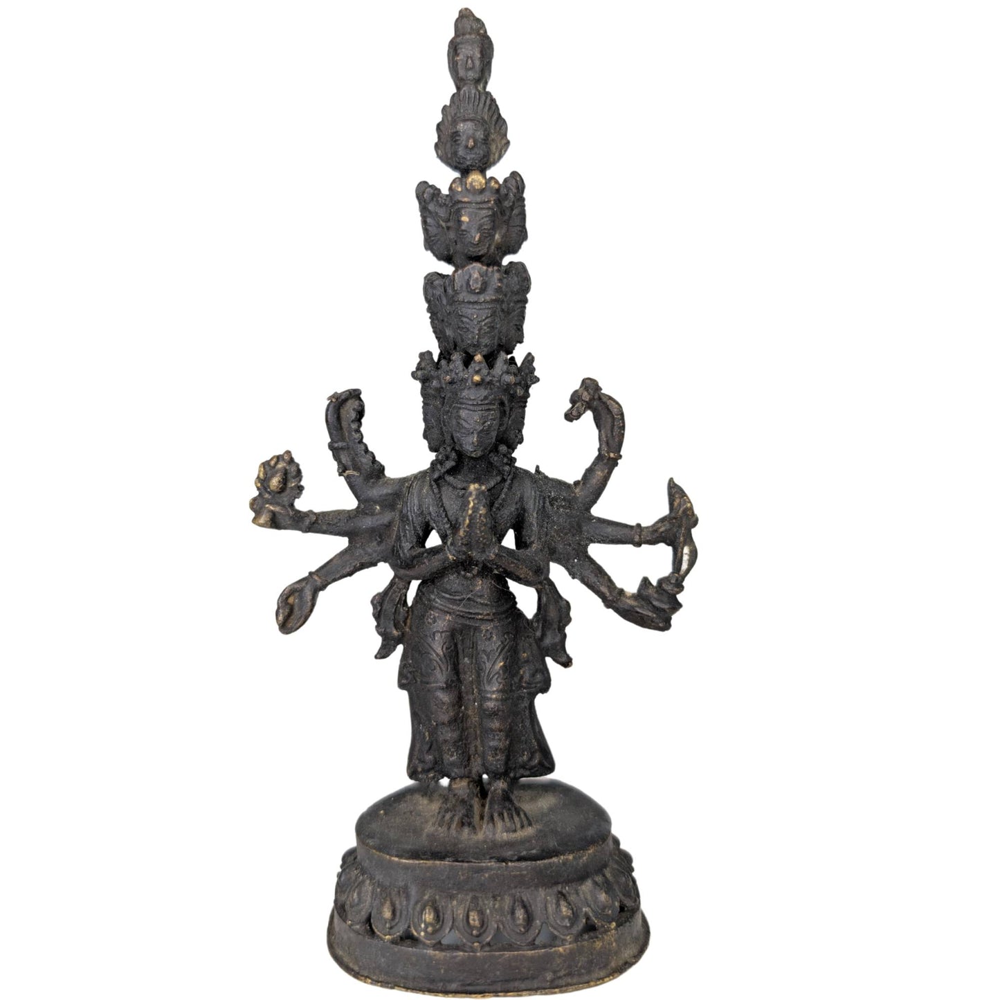 Detail of the hand-cast fire-gilded bronze with mineral oxidation from Ladakh.