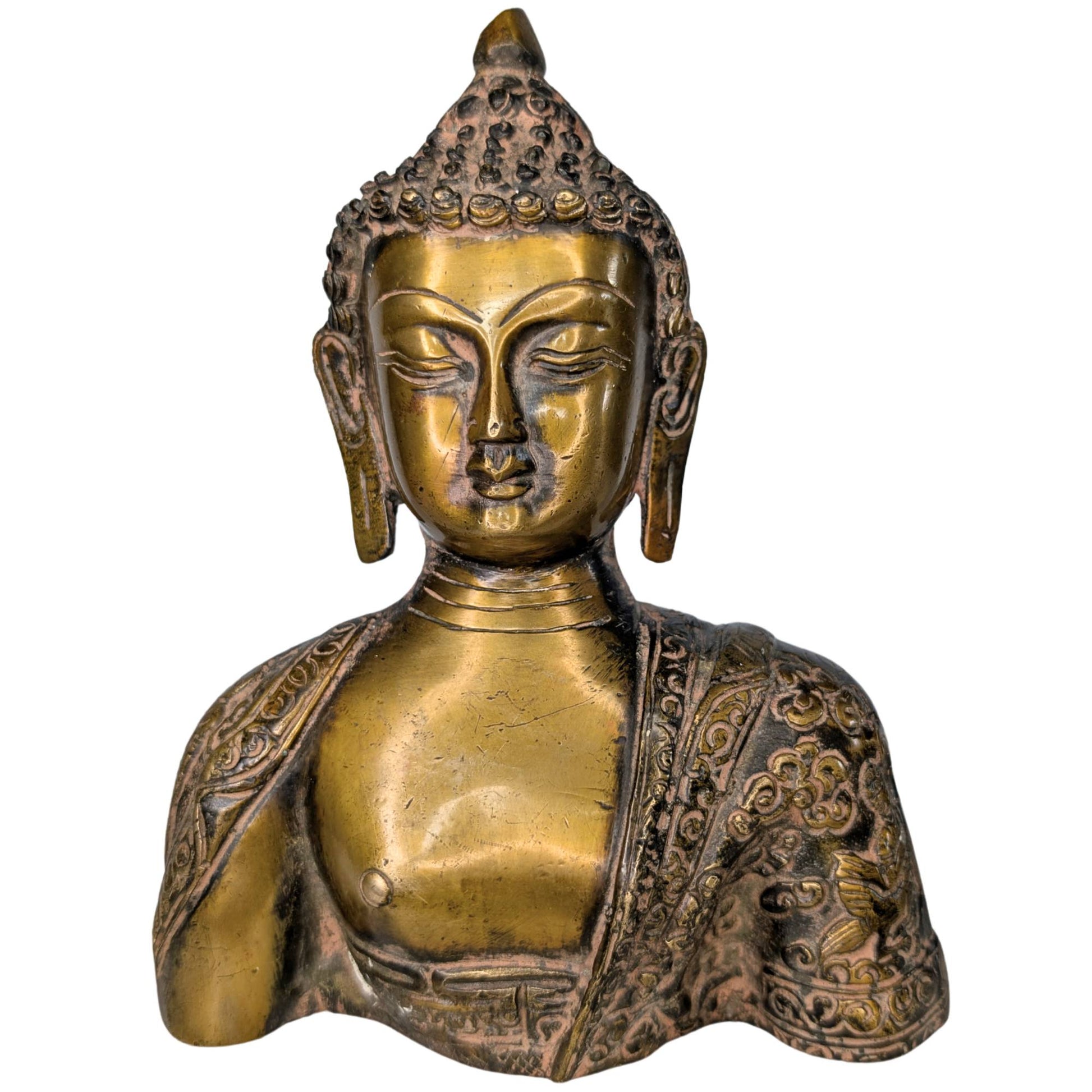 Front view of a heavy fire-gilded bronze Buddha bust in Tibetan style.