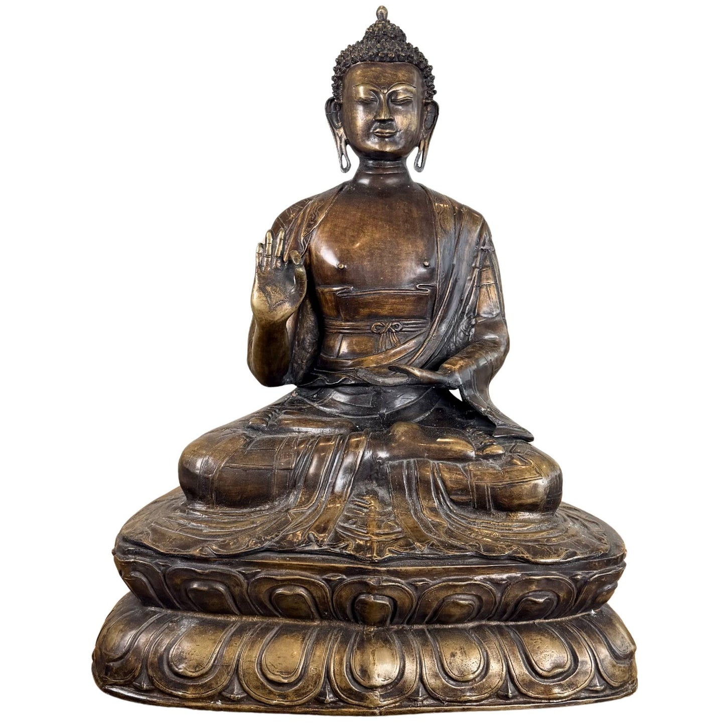 Fire-gilded bronze Buddha from the 18th or 19th century with lotus base and abhaya mudra