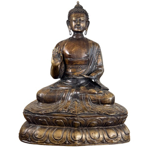 Statue monumentale antique de Bouddha Shakyamuni en bronze doré au feu – Robe des rizières de Kasaya – XVIIIe siècle – 69 cm / 27 kg