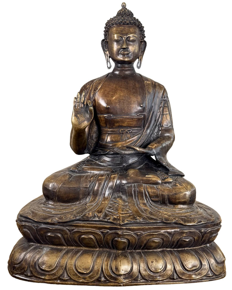 Statue monumentale antique de Bouddha Shakyamuni en bronze doré au feu – Robe des rizières de Kasaya – XVIIIe siècle – 69 cm / 27 kg