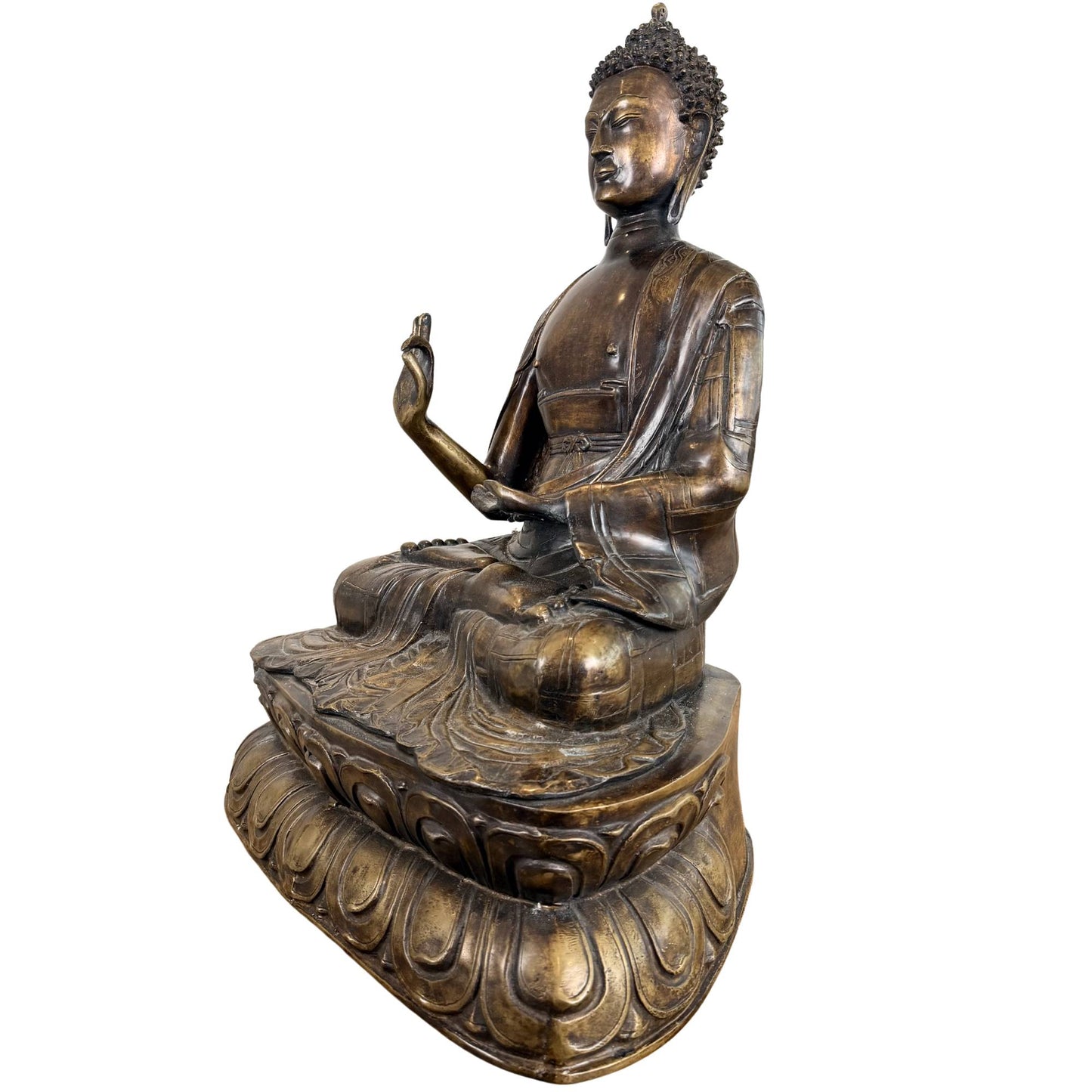 Large fire-gilded bronze Buddha from the 18th or 19th century with abhaya mudra, double lotus base, and heavy temple quality.