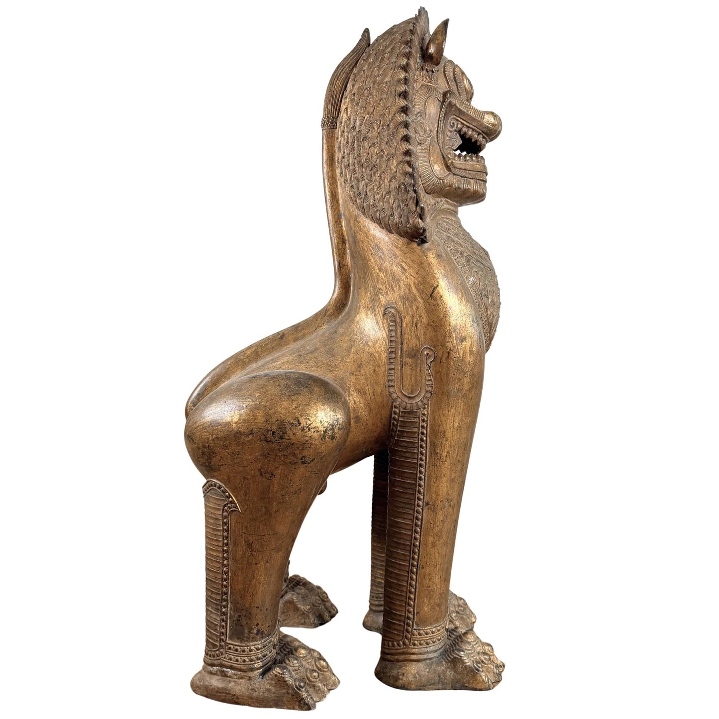 Fire-gilded Singha lion from Thailand Siam, rare Buddhist guardian lion with an ancient ritual appearance