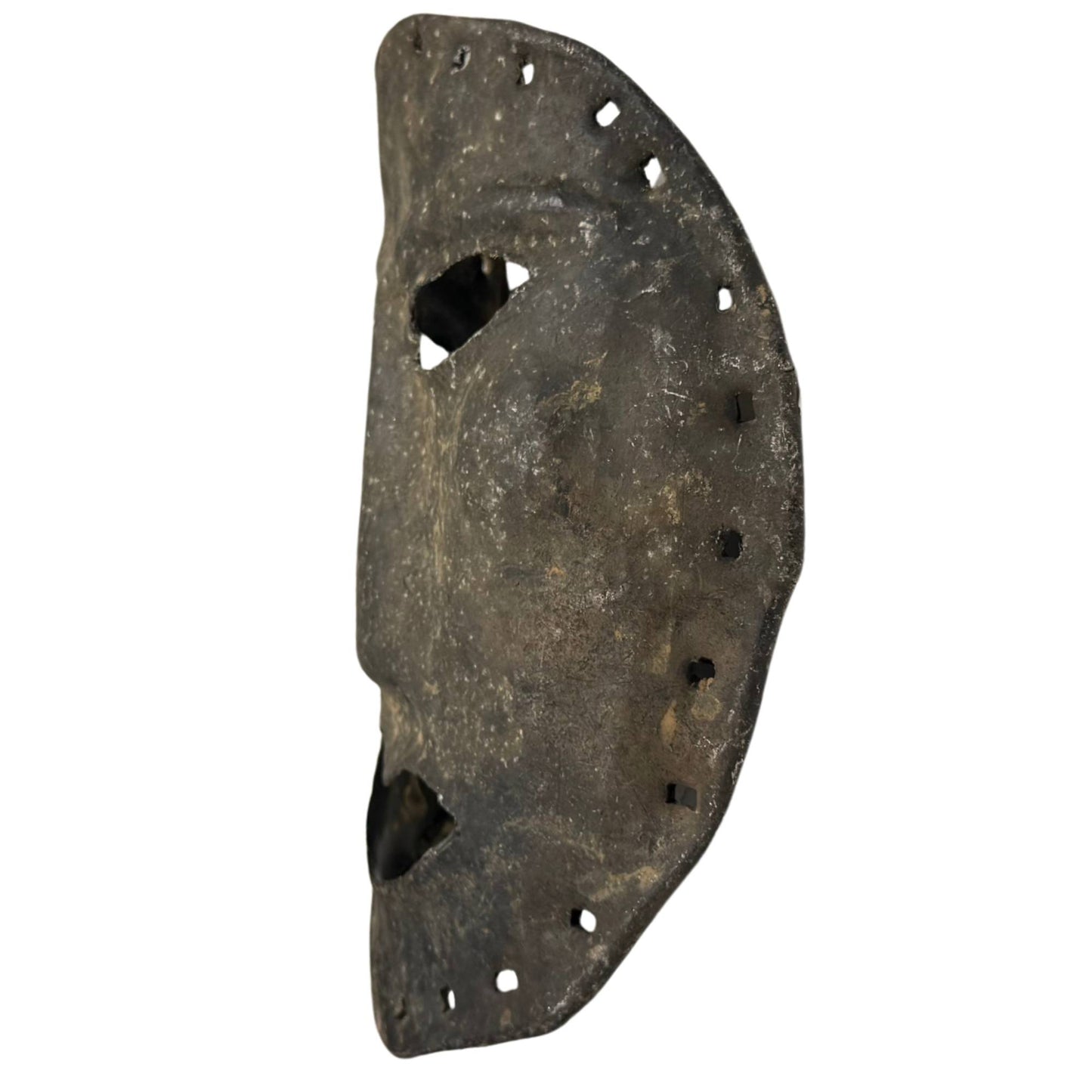 Rare metal shamanistic mask, antique Himalayan wall object with primitive expression and unique carrying holes