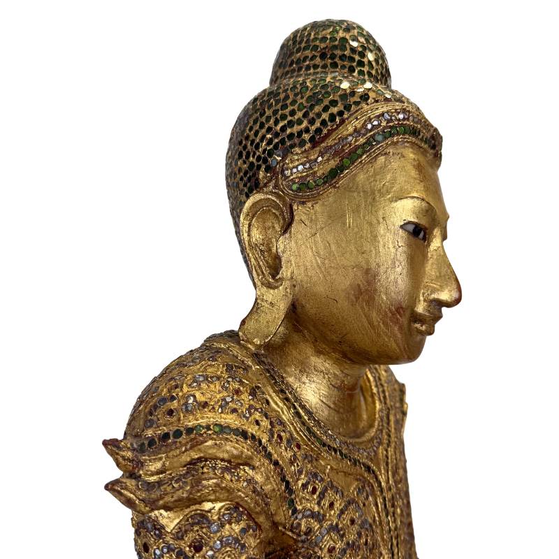 Rare wooden Buddha gilded with inlay, old finish visible
