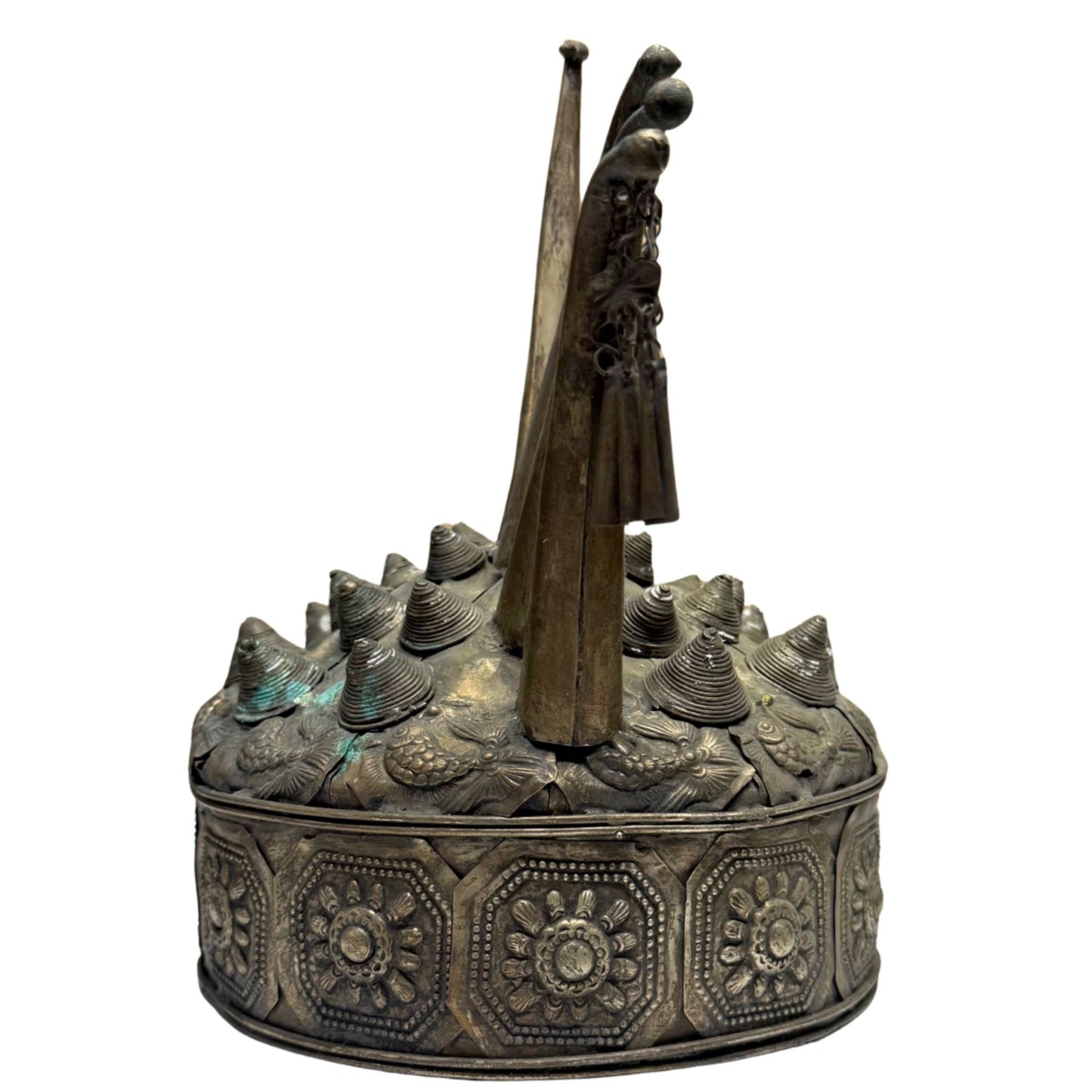 Rare Miao shaman crown with original hanging bells, antique ritual object with a powerful ceremonial aura