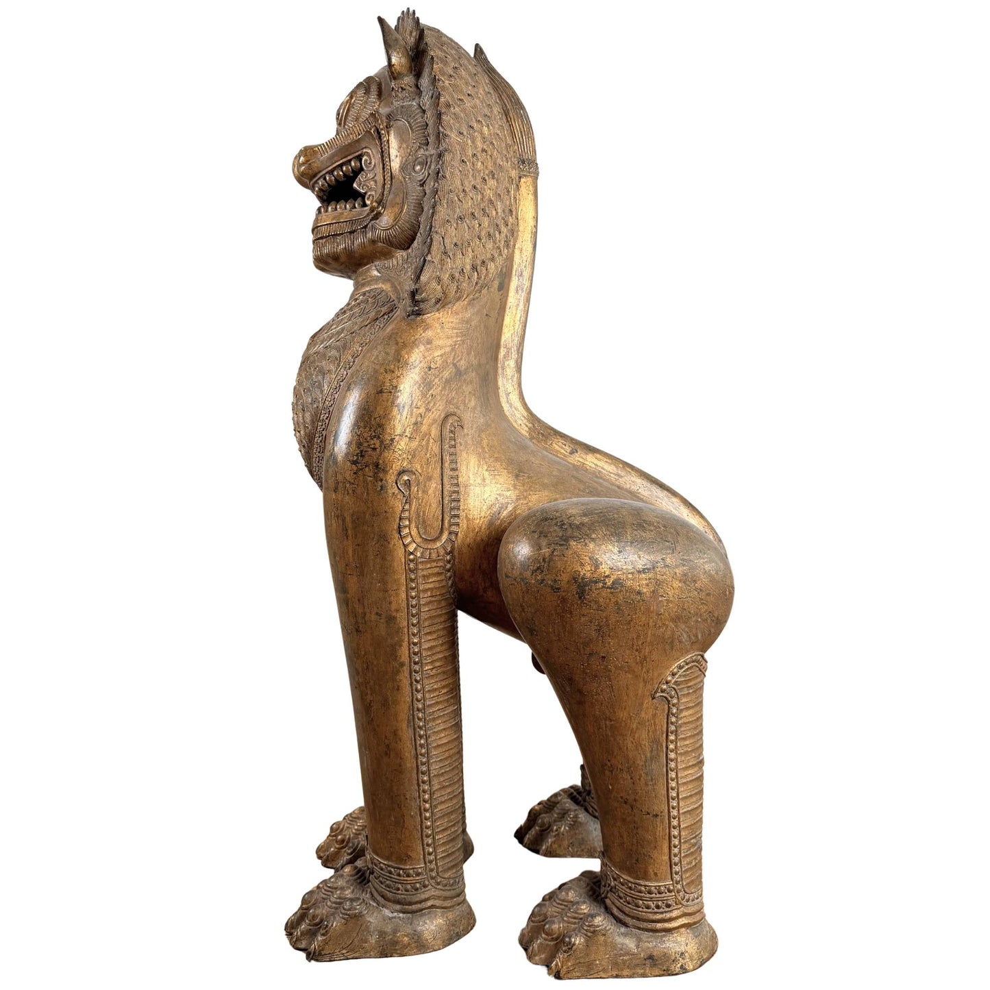 Rare Siamese Singha guardian lion, antique gilded temple statue with strong spiritual and protective significance