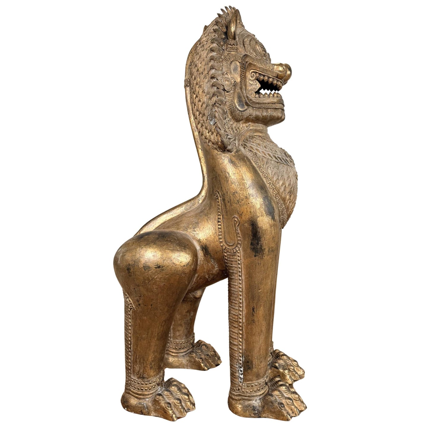 Rare Singha temple lion from Thailand, monumental gilded Buddhist guardian statue