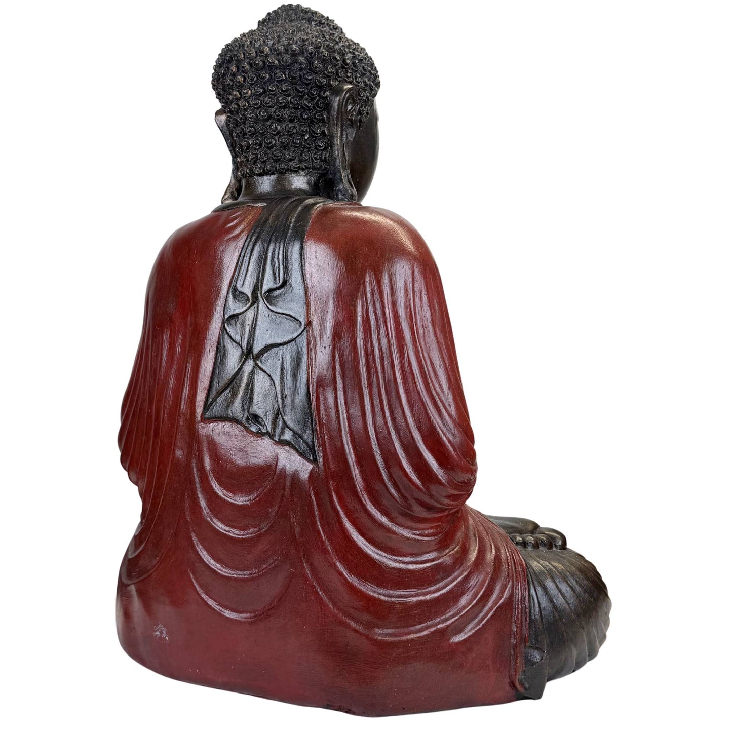 Zen Buddha statue made of resin composite with a red-black finish and classic appearance.