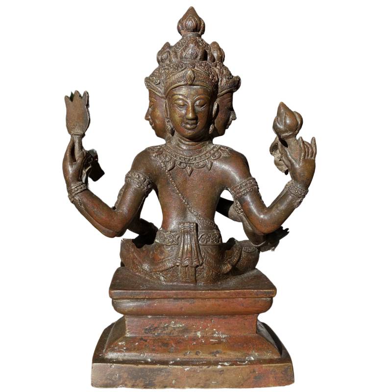 Six-armed Brahma statue in a classical seated pose, cast in bronze