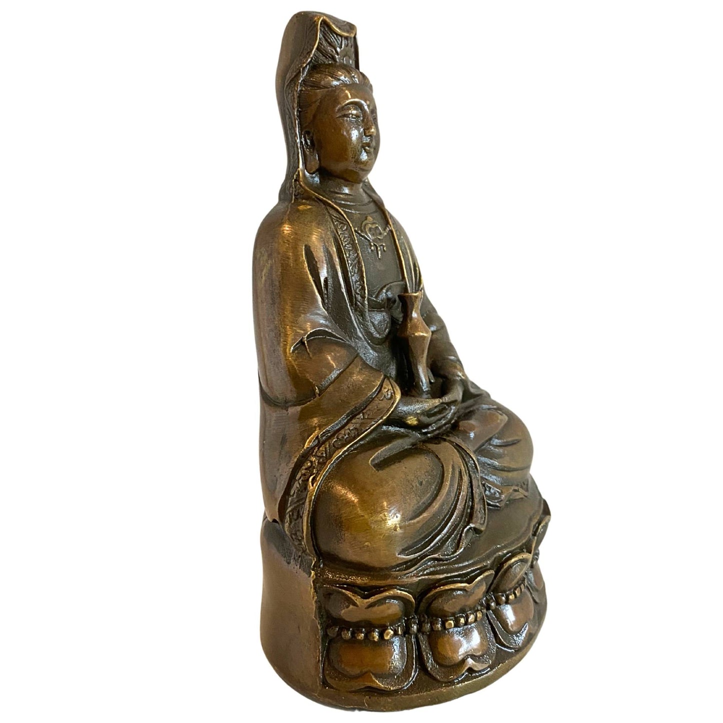 Side view of Guanyin bronze figurine on lotus throne Asian art