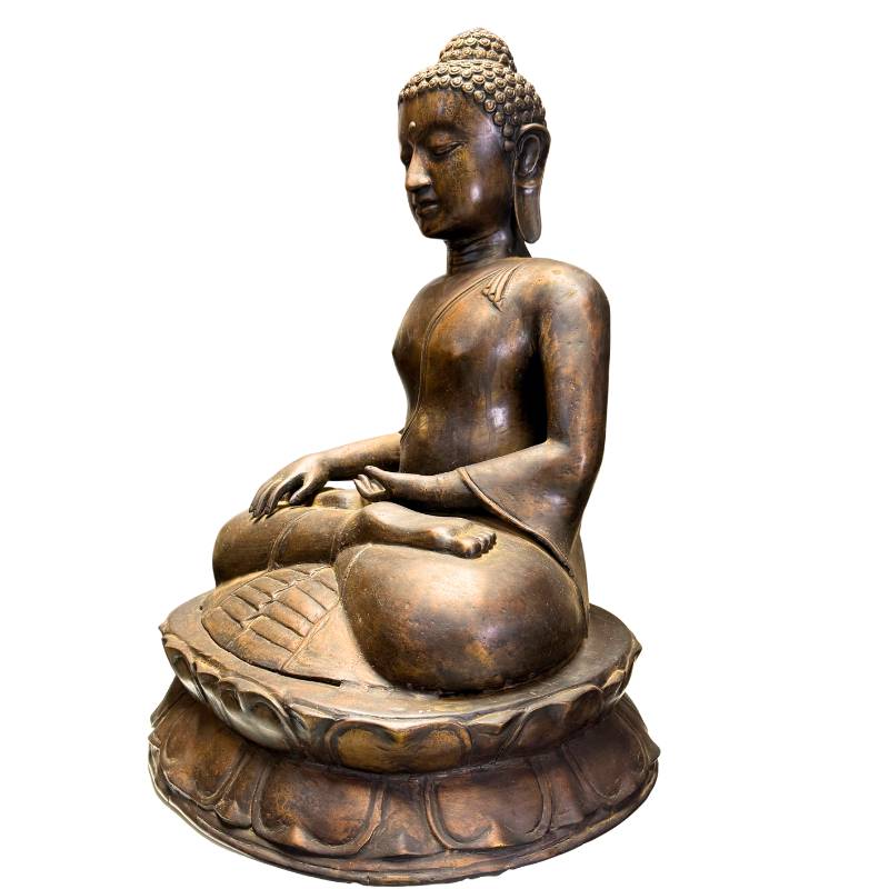 Monumental side view of the 58 cm tall seated Buddha on the Throne of Meru.