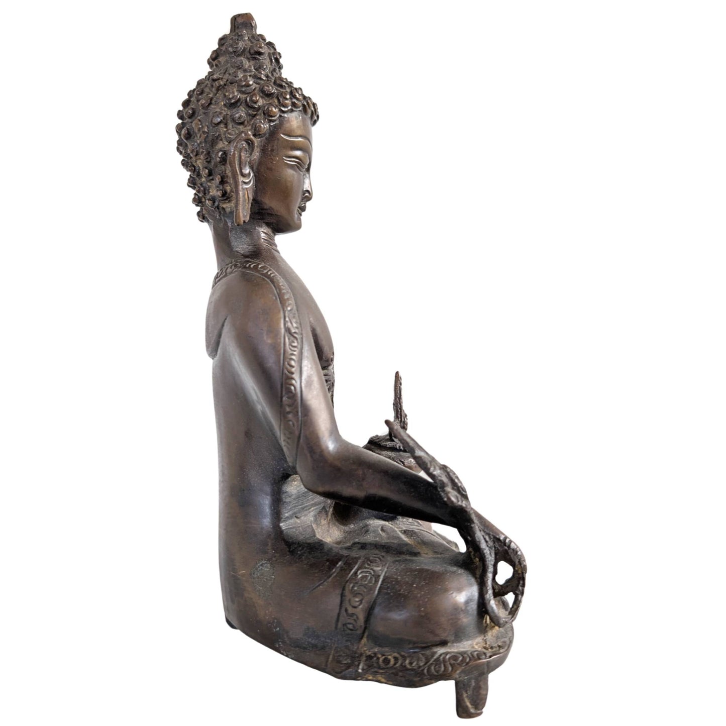 Side view of the 2 kg solid cast bronze Medicine Buddha statue.