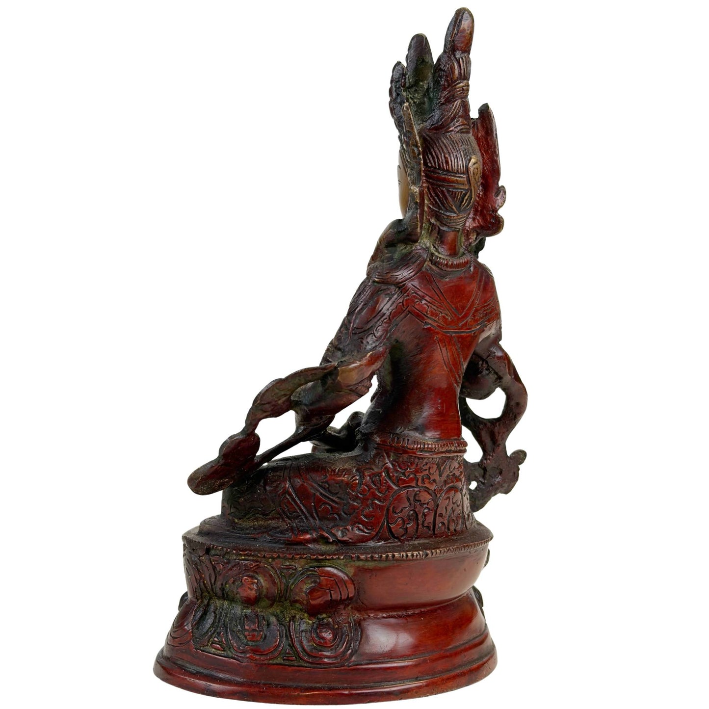 Side view of gilded bronze Vajrasattva statue with high crown, lotus base, and deep red-green patina