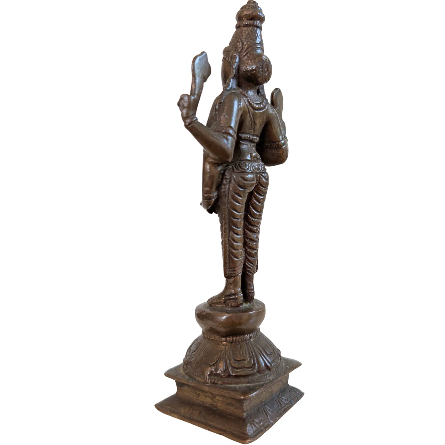 Side view of the 17 cm tall bronze Vishnu from Tamil Nadu.