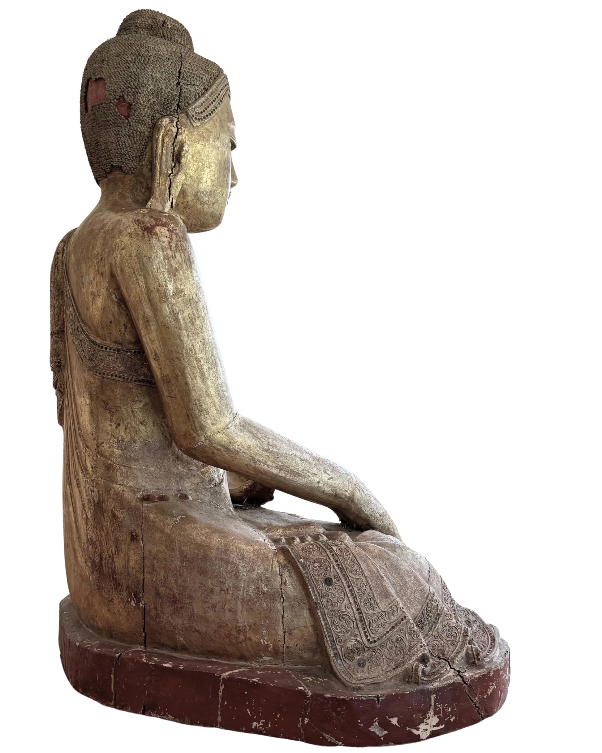 Sitting Buddha, antique wooden Burmese altar statue with patina