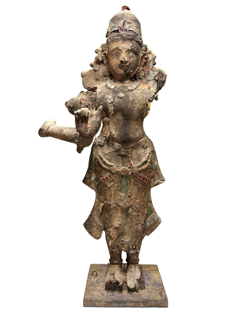 Statue monumentale de Krishna du temple Venugopala, Inde du Sud – XVIIIe siècle – Bois polychrome et décor en verre – 90 cm