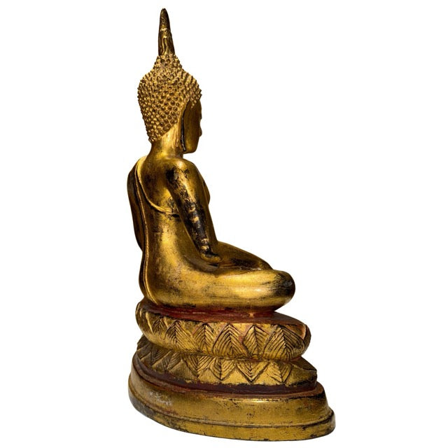Heavy bronze Thai Buddha statue with old patina, gilding, and powerful presence
