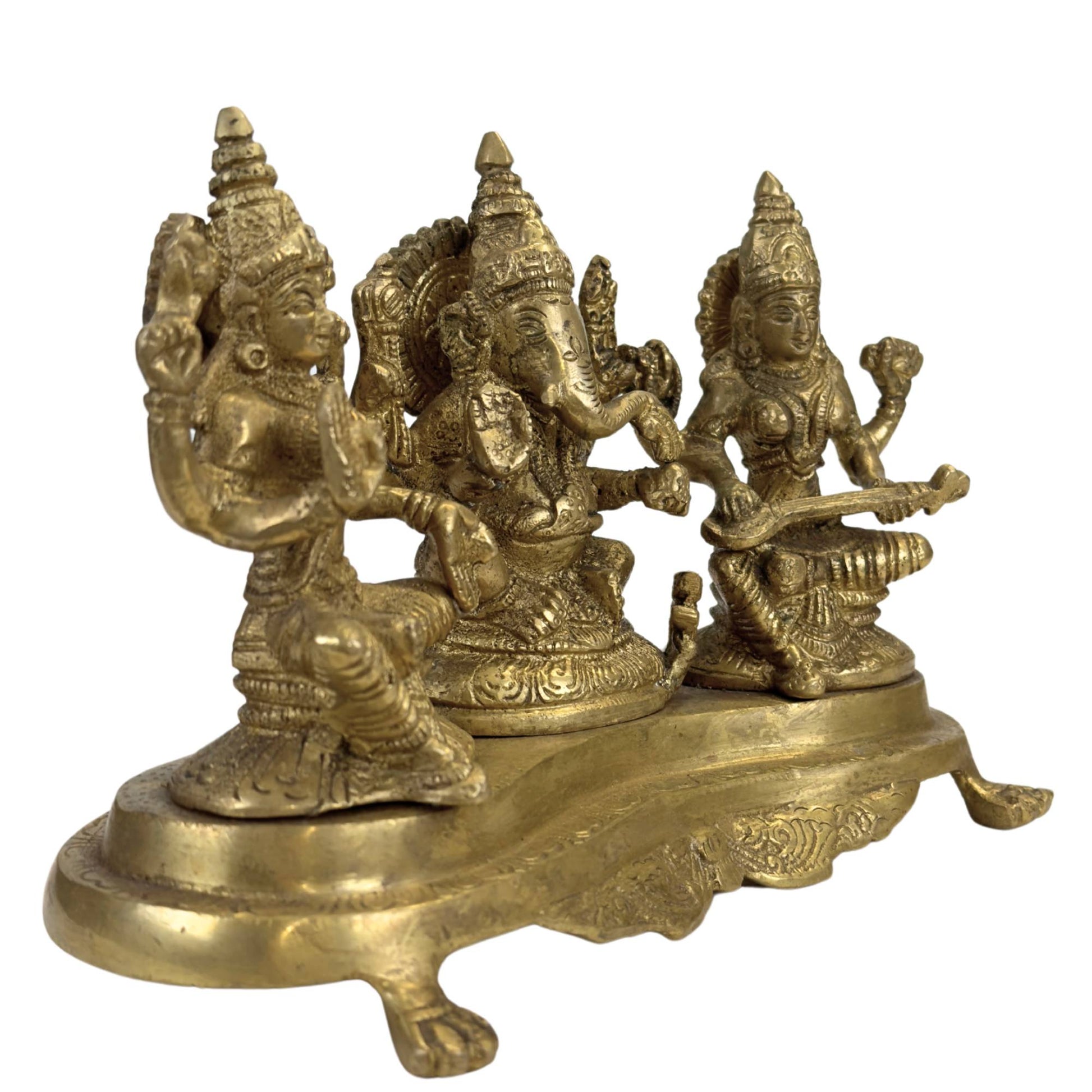 Heavy Hindu statue of Ganesha, Lakshmi, and Saraswati in brass or bronze
