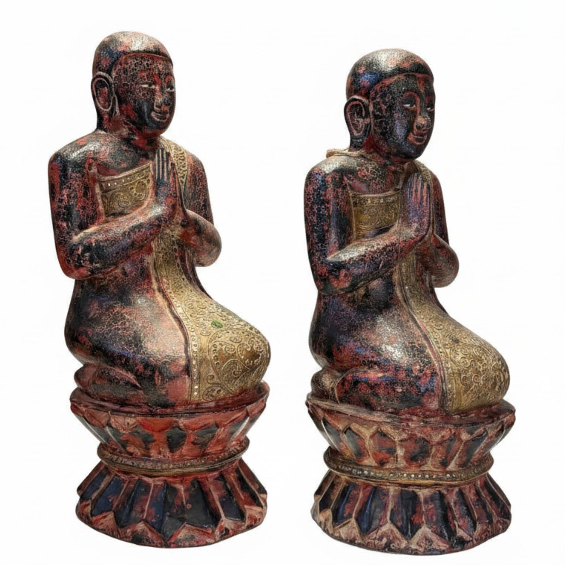 Two heavy antique Burmese temple figures made of solid wood, total 11.5 kg.