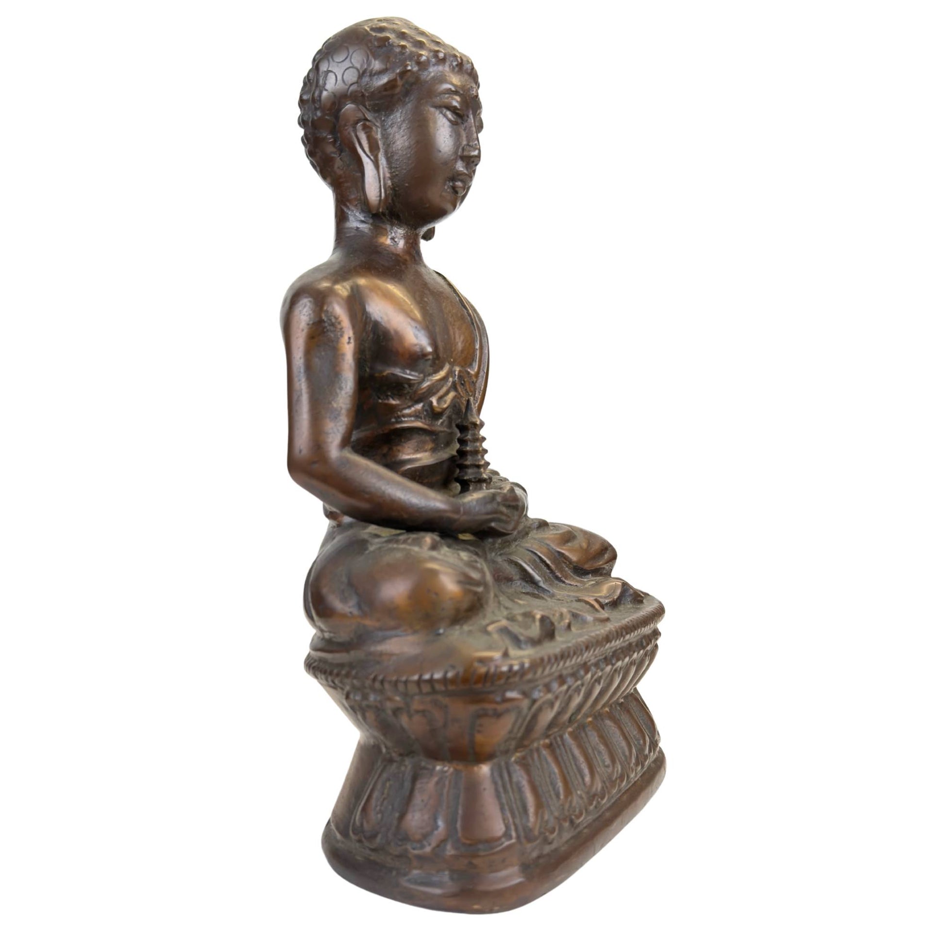 Heavy bronze Buddha with stupa on a lotus pedestal, made of copper alloy with an old dark patina
